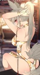 Rule 34 | 1girl, animal ears, arms up, ass, blurry, blurry background, blush, body blush, bracelet, breasts, bridal gauntlets, butt crack, china dress, chinese clothes, commission, depth of field, dress, earrings, evgilla, floral print, from behind, grey hair, highres, jewelry, large breasts, legs together, looking back, original, pelvic curtain, ponytail, profile, red eyes, revealing clothes, second-party source, sitting, solo, tail, tassel, tying hair, white dress