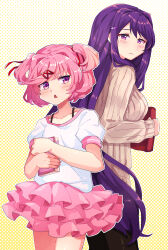 Rule 34 | 2girls, blush, bra strap, brown sweater, chiimako, closed mouth, collarbone, commentary request, doki doki literature club, eyelashes, food, hair between eyes, hair intakes, hair ornament, hair ribbon, hairclip, highres, holding, long hair, long sleeves, multiple girls, natsuki (doki doki literature club), pink eyes, pink hair, polka dot, polka dot background, purple eyes, purple hair, red ribbon, ribbed sweater, ribbon, shirt, short hair, short sleeves, sidelocks, simple background, smile, sweater, swept bangs, t-shirt, tongue, tongue out, triple wielding, turtleneck, turtleneck sweater, two side up, upper body, white shirt, x hair ornament, yuri (doki doki literature club)