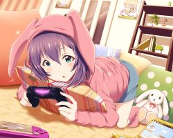 Rule 34 | 1girl, :o, :x, absurdres, animal hood, bad id, bad pixiv id, blue eyes, blue shorts, blush, book, carpet, commentary request, controller, curtains, door, dualshock, dutch angle, figure, flower pot, foreshortening, full body, game controller, gamepad, glint, handheld game console, highres, holding, hood, hood up, hoodie, idolmaster, idolmaster million live!, indoors, long sleeves, md5 mismatch, mochizuki anna, nintendo ds, on floor, open mouth, pillow, pink socks, plant, playing games, playstation controller, playstation vita, polka dot, poster (object), potted plant, purple hair, rabbit hood, resolution mismatch, shelf, short hair, shorts, siokazunoko, socks, solo, sony, stuffed animal, stuffed rabbit, stuffed toy
