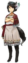 Rule 34 | 1girl, absurdres, amulet, animal ear fluff, animal ears, beige dress, black hair, body fur, capelet, closed mouth, commentary, crossed arms, digitigrade, dress, feather hair ornament, feathers, fox ears, fox girl, fox tail, full body, grey dress, hair ornament, hat, highres, hozumi sousei, jewelry, kachina (ukagaka), looking ahead, pendant, short hair, simple background, solo, standing, tail, ukagaka, white background, yellow eyes