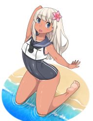 Rule 34 | 10s, 1girl, bad id, bad pixiv id, barefoot, blonde hair, blue eyes, crop top, feet, flower, hair flower, hair ornament, highres, kantai collection, kneeling, long hair, one-piece swimsuit, ro-500 (kancolle), sailor collar, school swimsuit, shinagawa mikuzu, swimsuit, swimsuit under clothes, tan, tanline