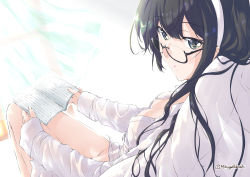 Rule 34 | 1girl, bare legs, black-framed eyewear, black hair, book, breasts, cleavage, dress shirt, glasses, grey hair, hairband, kantai collection, long hair, looking at viewer, mikage takashi, ooyodo (kancolle), open clothes, open shirt, pillow, reading, shirt, sideways glance, sitting, solo