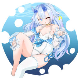 Rule 34 | 1girl, alternate color school swimsuit, azur lane, blue horns, blue sailor collar, gold choker, highres, horns, i-13 (azur lane), kitsuan, looking at viewer, ocean, one-piece swimsuit, one eye closed, outside border, ribbon-trimmed legwear, ribbon-trimmed thighhighs, ribbon trim, round image, sailor collar, school swimsuit, see-through, see-through sleeves, single thighhigh, smile, solo, swimsuit, thick eyebrows, thighhighs, translucent horns, underwater, white background, white one-piece swimsuit, white thighhighs