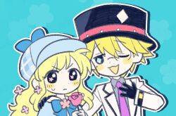 1boy 1girl blonde_hair blue_background blush_stickers collared_shirt commentary_request cordelia_glauca deerstalker diamond-shaped_pupils diamond_(shape) flower flower-shaped_pupils formal gloves hand_on_another&#039;s_shoulder hand_on_own_chest hat holding holding_flower long_hair long_sleeves mole mole_under_eye monocle necktie one_eye_closed rose shirt short_hair suit sweat symbol-shaped_pupils tantei_opera_milky_holmes top_hat tsunoji twenty_(milky_holmes)