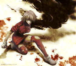 Rule 34 | 1girl, amputee, artist name, blonde hair, blood, blood on arm, blood on clothes, blood on face, blood on hands, breasts, darkness, full body, gloves, hair over one eye, hellsing, light frown, medium breasts, miniskirt, on one knee, pencil skirt, red eyes, red skirt, red thighhighs, seras victoria, serious, skirt, solo, thighhighs, torn clothes, torn thighhighs, toshimichi yukari, v-shaped eyebrows, watermark, web address, white gloves