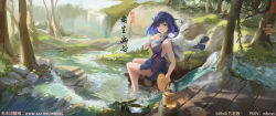 Rule 34 | 1girl, bare arms, bare legs, bare shoulders, blue eyes, blue hair, breasts, chinese clothes, dress, forest, genshin impact, hand fan, highres, holding, holding fan, kettle, looking at viewer, looking back, mole, mole on breast, nature, river, short hair, sitting, sleeveless, sleeveless dress, smile, solo, teapot, wboss, yelan (genshin impact)