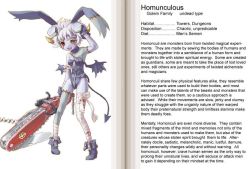 Rule 34 | bandages, blood, bolt (hardware), bow, chainsaw, character profile, hard-translated, heterochromia, homunculus (monster girl encyclopedia), horns, katahira masashi, monster girl, monster girl encyclopedia, red eyes, scar, silver hair, stitches, tail, third-party edit, translated, undead, wings, yellow eyes