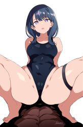 Rule 34 | 1boy, 1girl, abs, absurdres, barefoot, batta 16-sei, black hair, black one-piece swimsuit, blue eyes, collarbone, competition swimsuit, covered erect nipples, covered navel, grey eyes, gridman universe, groin, highleg, highleg swimsuit, highres, long hair, looking at viewer, m legs, multicolored clothes, multicolored swimsuit, one-piece swimsuit, partially visible vulva, pov, simple background, sitting, skindentation, solo focus, spread legs, ssss.gridman, straddling, swimsuit, takarada rikka, thick thighs, thigh strap, thighs, white background, wide hips