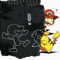 Rule 34 | !, 2boys, ?, big nose, black eyes, blush stickers, brown hair, cabbie hat, creatures (company), facial hair, faux traditional media, full body, game &amp; watch, game freak, gen 1 pokemon, hat, lightning bolt symbol, looking at another, mario, mario (series), mr. game &amp; watch, multiple boys, mustache, nintendo, open mouth, persona, persona 3, persona 3 portable, pikachu, pokemon, pokemon (creature), red headwear, shadow, short hair, simple background, solid oval eyes, super smash bros., teijiro, very short hair, white background