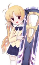 Rule 34 | 1girl, blonde hair, blush, bow, brown hair, buttons, chaos;head, highres, kanzaki nyo, long hair, looking at viewer, open mouth, orihara kozue, simple background, skirt, solo, sword, tagme, watermark, weapon, white background
