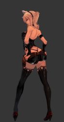 Rule 34 | 1girl, animal ears, ass, back, bare shoulders, belt, black thighhighs, blonde hair, bridal gauntlets, brown eyes, choker, fake animal ears, from behind, full body, game cg, grey background, hairband, hands on own hips, high heels, highres, lace, lace-trimmed legwear, lace trim, legs, lips, looking back, original, panties, parted lips, pointy ears, ponytail, qbspdl, shoes, short shorts, shorts, simple background, solo, thighhighs, thong, underwear