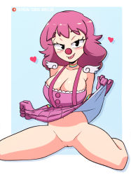 Rule 34 | 1girl, ace attorney, alternate breast size, black eyes, blue background, blush, border, breasts, choker, cleavage, cleft of venus, clothes lift, clown, clown nose, commentary, elbow gloves, english commentary, full body, geiru toneido, gloves, heart, highres, large breasts, lifting own clothes, looking at viewer, medium hair, navel, no panties, nose blush, outside border, pac-man eyes, patreon username, phoenix wright: ace attorney - spirit of justice, pink gloves, pink skirt, pussy, rainbow print, shoulder pads, sitting, skirt, skirt lift, solo, suspender skirt, suspenders, thighs, tobias wheller, tongue, tongue out, uncensored, wariza, white border