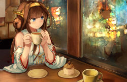 Rule 34 | 10s, 1girl, ahoge, bare shoulders, blue eyes, brown hair, cake, dessert, detached sleeves, double bun, food, fruit, hair bun, hair ornament, hairband, headgear, highres, japanese clothes, kantai collection, kongou (kancolle), kongou kai ni (kancolle), long hair, long sleeves, looking to the side, mont blanc (food), night, nontraditional miko, okitsugu, plate, reflection, restaurant, revision, solo, strawberry, window