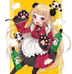 Rule 34 | 1girl, absurdres, alcohol, apron, black pantyhose, black skirt, blonde hair, blunt bangs, braid, breasts, bun cover, chinese clothes, claws, cloud, commentary, commission, cowboy shot, cowlick, dancho (dancyo), dress, english commentary, fang, frilled apron, frills, highres, light blush, long hair, long sleeves, looking at viewer, medium breasts, open mouth, original, panda, pantyhose, pink eyes, pleated skirt, red dress, sidelocks, skirt, solo, very long hair, white apron