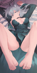 Rule 34 | 1girl, animal ear fluff, animal ears, barefoot, black choker, black dress, blue archive, blue eyes, breasts, breasts apart, broken halo, choker, cross hair ornament, dress, extra ears, gloves, grey hair, hair ornament, halo, highres, large breasts, long hair, long sleeves, looking at viewer, lying, mismatched pupils, nev (nevblindarts), on back, panties, parted lips, shiroko (blue archive), shiroko terror (blue archive), solo, thighs, underwear, wolf ears