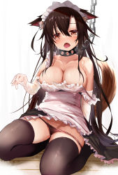 Rule 34 | 1girl, alternate costume, animal ear fluff, animal ears, bare shoulders, black ribbon, black thighhighs, blush, breasts, brown eyes, brown panties, chain, cleavage, collar, collarbone, commentary request, efe, elbow gloves, enmaided, gloves, hair between eyes, hair ribbon, highres, imaizumi kagerou, large breasts, long hair, looking at viewer, maid, maid headdress, open mouth, panties, revision, ribbon, see-through, simple background, sitting, solo, tail, thighhighs, thighs, touhou, underwear, wariza, wet, wet clothes, wet hair, white background, white gloves, wolf ears, wolf girl, wolf tail