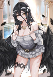 Rule 34 | 1girl, absurdres, albedo (overlord), bad id, bad twitter id, bare shoulders, black hair, blush, breasts, cleavage, cowboy shot, dress, feathered wings, feathers, grey dress, grey eyes, hair between eyes, highres, jewelry, large breasts, long hair, long sleeves, looking at viewer, necklace, nui gurumi, off-shoulder dress, off shoulder, overlord (maruyama), short dress, smile, solo, standing, thighs, very long hair, wings