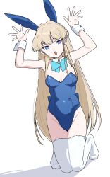 Rule 34 | 1girl, animal ears, arms up, blonde hair, blue archive, blue bow, blue bowtie, blue eyes, blue leotard, bow, bowtie, breasts, detached collar, earrings, fake animal ears, highres, jewelry, kneeling, leotard, long hair, looking at viewer, open mouth, osame, playboy bunny, rabbit ears, rabbit pose, simple background, small breasts, solo, strapless, strapless leotard, thighhighs, toki (blue archive), toki (bunny) (blue archive), very long hair, white thighhighs, wrist cuffs