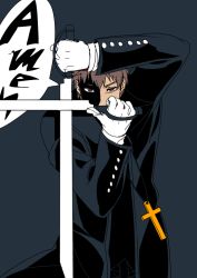 Rule 34 | 1boy, alexander anderson, bad id, bad pixiv id, black keys (type-moon), brown eyes, brown hair, buttons, cassock, coat, cross, fate/stay night, fate/zero, fate (series), gloves, hellsing, high contrast, knife, kotomine kirei, look-alike, male focus, parody, rui (o-rui), short hair, simple background, solo, throwing knife, trench coat, voice actor connection, weapon, white gloves