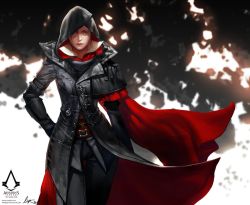 Rule 34 | 1girl, assassin&#039;s creed, assassin&#039;s creed (series), belt, brown hair, cape, copyright name, evie frye, hood, quilted jacket, red cape, solo, standing