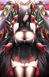 Rule 34 | 1girl, absurdres, azur lane, black dress, black hair, black thighhighs, breasts, buttons, cleavage, collarbone, covered navel, dress, elbow gloves, friedrich der grosse (azur lane), gloves, hair over one eye, highres, horns, huge breasts, huge filesize, kome cola, long hair, looking at viewer, mature female, mechanical horns, parted lips, see-through, see-through dress, sidelocks, sleeveless, sleeveless dress, solo, thighhighs, very long hair, yellow eyes