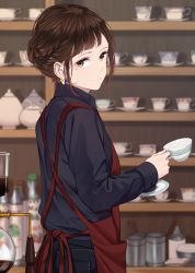Rule 34 | 1girl, apron, bad id, bad pixiv id, barista, black shirt, brown eyes, brown hair, closed mouth, coffee maker, commentary request, cup, earrings, from side, highres, holding, holding cup, holding saucer, indoors, jewelry, looking at viewer, looking to the side, mole, mole under eye, original, red apron, saitou (lynx-shrike), saucer, shirt, short hair, smile, solo, teacup, teapot, upper body