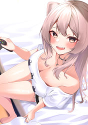 Rule 34 | 1girl, ahoge, animal ears, bare legs, bare shoulders, blush, breasts, choker, cleavage, controller, create os, fangs, from above, game controller, grey hair, highres, hololive, jewelry, large breasts, lion ears, lion girl, long hair, looking at viewer, necklace, off-shoulder shirt, off shoulder, on bed, open mouth, shirt, shishiro botan, shishiro botan (casual), sitting, smile, solo, ssrb (shishiro botan), thigh gap, virtual youtuber, white shirt