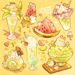 Rule 34 | !, animal focus, artist name, cantaloupe, commentary, drinking straw, eating, english commentary, english text, flag, flower, food, food focus, fruit, glass, highres, holding breath, ice, ice cream, ice cream cone, ice cream float, ice cube, matcha (food), nao (bestrollever), no humans, original, oversized food, oversized object, parfait, popsicle, rabbit, simple background, spoon, star (symbol), summer, waffle cone, watermelon, watermelon bar, watermelon slice, yellow background, yellow flower