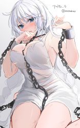 Rule 34 | 1girl, areola slip, avrora (azur lane), azur lane, bare shoulders, bdsm, blue eyes, blush, bondage, bound, braid, breasts, chain, collar, cuffs, dress, hair between eyes, hands up, highres, large breasts, leash, long hair, looking at viewer, open mouth, revision, shackles, slave, solo, tearing up, torn clothes, torn dress, twin braids, twitter username, very long hair, white dress, xretakex
