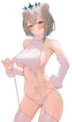 Rule 34 | 1girl, armpits, artist request, bare shoulders, blonde hair, blue hair, blush, breasts, crown, detached sleeves, hand on own hip, hazumi aileen, large breasts, looking down, meme attire, multicolored hair, navel, smile, two-tone hair, underboob, virgin destroyer sweater, virtual youtuber, white background, yellow eyes