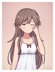 Rule 34 | 1girl, alternate costume, arashio (kancolle), breasts, brown background, brown eyes, brown hair, collarbone, cowboy shot, dress, facing viewer, highres, kantai collection, konato k, long hair, nightgown, one eye closed, small breasts, solo, standing, white dress