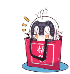 Rule 34 | 1girl, ahoge, ahoge wag, bag, beni shake, commentary request, expressive hair, fate/grand order, fate (series), hair between eyes, headpiece, in bag, in container, jeanne d&#039;arc (fate), jeanne d&#039;arc alter (avenger) (fate), jeanne d&#039;arc alter (fate), lowres, peeking out, shopping bag, solo, white background, white hair, yellow eyes