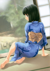 Rule 34 | 1girl, barefoot, black hair, blue eyes, feet, highres, japanese clothes, kimi kiss, kimono, shijou mitsuki, sitting, soles, solo, tanaka shoutarou