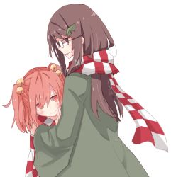 Rule 34 | 2girls, bell, blush, brown eyes, brown hair, checkered clothes, checkered scarf, checkered shirt, coat, futatsuiwa mamizou, futatsuiwa mamizou (human), green coat, hair bell, hair ornament, hand on another&#039;s shoulder, heart, heart-shaped pupils, height difference, leaf hair ornament, long hair, long sleeves, motoori kosuzu, multiple girls, red eyes, red hair, scarf, shiroshi (denpa eshidan), shirt, simple background, smile, symbol-shaped pupils, touhou, two side up, white background, wide sleeves