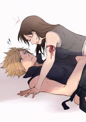 Rule 34 | !?, 1boy, 1girl, bare shoulders, blonde hair, blue eyes, blush, breasts, brown hair, closed eyes, closed mouth, cloud strife, couple, eye contact, final fantasy, final fantasy vii, from side, girl on top, hetero, highres, long hair, looking at another, lying, maiii (smaii i), notice lines, on back, open mouth, red ribbon, ribbon, shirt, short hair, sleeveless, sleeveless shirt, smile, spiked hair, tifa lockhart, upper body