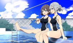 Rule 34 | 2girls, barefoot, black hair, black one-piece swimsuit, blue eyes, blue sky, chain-link fence, cloud, commentary request, competition swimsuit, contrail, day, fence, folded ponytail, highleg, highleg swimsuit, long hair, mochigome (ununquadium), multiple girls, one-piece swimsuit, open mouth, original, outdoors, pool, pool ladder, poolside, profile, short hair, silver hair, sitting, sky, smile, unworn swim cap, swimsuit