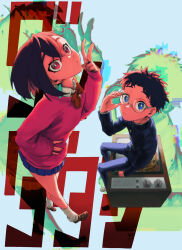 1boy 1girl absurdres ayase_momo blue_eyes blue_jacket blue_pants blue_skirt bow brown_eyes brown_hair dandadan earrings gakuran glasses hand_up highres jacket jewelry pants pink_sweater red_bow school_uniform short_hair sitting skirt standing sweater takakura_ken_(dandadan) television v x_oo39