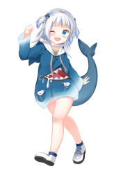 Rule 34 | 1girl, :d, absurdres, animal costume, animal hood, arm up, bare legs, blue eyes, blue hair, blue hoodie, blunt bangs, capelet, clenched hand, eyes visible through hair, fingernails, fins, fish skeleton, fish tail, flat chest, full body, gawr gura, gawr gura (1st costume), grandapple71, hair ornament, hairclip, happy, highres, hololive, hololive english, holomyth, hood, hooded capelet, hoodie, light blush, long sleeves, looking at viewer, medium hair, multicolored hair, nail, no pants, one eye closed, open mouth, pocket, shark, shark costume, shark girl, shark hair ornament, shark hood, shark print, shark tail, sharp teeth, shoes, silver hair, simple background, smile, sneakers, solo, streaked hair, tail, teeth, two-tone shirt, two side up, virtual youtuber, walking, white background, white footwear, wide sleeves