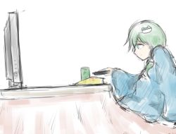 Rule 34 | 1girl, bad id, bad pixiv id, controller, frog hair ornament, from side, green eyes, green hair, hair ornament, kochiya sanae, kotatsu, looking at viewer, matching hair/eyes, merpperoni, remote control, simple background, sitting, solo, table, television, touhou, white background
