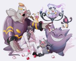 Rule 34 | 1boy, :d, ^ ^, ahoge, banette, black footwear, black hair, blush stickers, chandelure, checkered clothes, checkered scarf, cheek rest, closed eyes, clown mask, colored sclera, commentary, cosplay, creatures (company), crossover, danganronpa (series), danganronpa v3: killing harmony, dice members (danganronpa), dice members (danganronpa) (cosplay), dusknoir, fire, food, game freak, gen 1 pokemon, gen 3 pokemon, gen 4 pokemon, gen 5 pokemon, gen 7 pokemon, gengar, gloves, grin, hair between eyes, highres, holding, holding mask, holding poke ball, jacket, long sleeves, looking at viewer, male focus, mask, mimikyu, nintendo, open mouth, oma kokichi, pants, poke ball, poke ball (basic), pokemon, ps 872dg, purple hair, purple sclera, red eyes, red sclera, scarf, shoes, simple background, sitting, smile, standing, teeth, white jacket, white pants, yamask