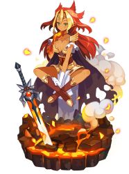 Rule 34 | 1girl, alpha transparency, breasts, cleavage, faux figurine, full body, gloves, green eyes, harada takehito, lava, makai wars, multicolored hair, official art, red hair, smoke, solo, surtr (makai wars), tan, transparent background, two-tone hair, white gloves
