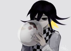 Rule 34 | 1boy, alternate hair color, black eyes, black hair, blonde hair, checkered clothes, checkered scarf, commentary, danganronpa (series), danganronpa v3: killing harmony, grey background, grey jacket, hair between eyes, hands up, highres, holding, holding mask, jacket, long sleeves, male focus, mask, multicolored hair, oma kokichi, pastahands, scarf, short hair, simple background, solo, symbol-only commentary, two-tone hair, upper body