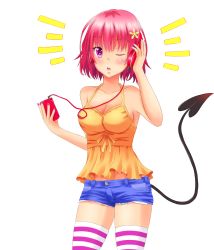 Rule 34 | 1girl, bare shoulders, blue shorts, breasts, cleavage, collarbone, demon tail, denim, denim shorts, eyebrows, hair ornament, headphones, highres, long hair, medium breasts, momo velia deviluke, nail polish, nottytiffy, one eye closed, pink hair, pink nails, purple eyes, shirt, short hair, short shorts, shorts, sideboob, simple background, sleeveless, solo, striped clothes, striped thighhighs, tail, thighhighs, to love-ru, white background, yellow shirt