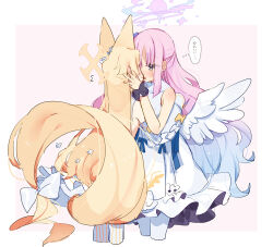 Rule 34 | 2girls, angel wings, animal ears, blonde hair, blue archive, blush, cropped legs, dress, eyes visible through hair, feathered wings, fox ears, fox tail, halo, long hair, mika (blue archive), multiple girls, open mouth, pantyhose, pink hair, pink halo, seia (blue archive), striped clothes, striped pantyhose, tail, thought bubble, vertical-striped clothes, vertical-striped pantyhose, very long hair, white dress, white pantyhose, white wings, wings, yellow eyes, yellow halo, yun (dust-i1), yuri