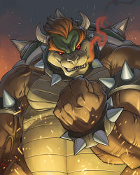 Rule 34 | 1boy, bowser, bracelet, clenched hand, emilio lopez, epic, fire, horns, jewelry, male focus, manly, mario (series), md5 mismatch, muscular, nintendo, red eyes, resized, resolution mismatch, solo, source smaller, sparks, spiked bracelet, spikes, upscaled, veins