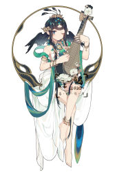 Rule 34 | 1girl, absurdres, anklet, armlet, bangle, barefoot, bell, black hair, blue eyes, bracelet, breasts, dated, earrings, flower, full body, hair wings, highres, ibex, instrument, invisible chair, jewelry, jingle bell, crossed legs, looking at viewer, medium breasts, music, one eye closed, original, peacock feathers, playing instrument, ring, sitting, sketch, solo, watermark, white flower