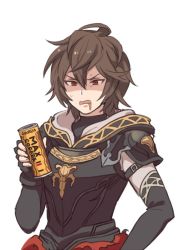 Rule 34 | armor, botamochi (exwelder), brown hair, can, coffee, disgust, fingerless gloves, georgia max coffee, gloves, gold trim, granblue fantasy, hood, hood down, male focus, open mouth, red eyes, sandalphon (granblue fantasy), short hair, simple background, solo, white background