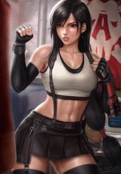 Rule 34 | 1girl, abs, artist name, black hair, black skirt, blurry foreground, blush, breasts, brown eyes, brown hair, cleavage, clenched hands, earrings, elbow gloves, final fantasy, final fantasy vii, fingerless gloves, gloves, gym, highres, indoors, jewelry, large breasts, long hair, low-tied long hair, midriff, miniskirt, navel, open mouth, pencil skirt, red eyes, sandbag, sciamano240, short shorts, shorts, signature, skirt, solo, sports bra, suspender skirt, suspenders, sweat, tank top, tifa lockhart, toned, towel, towel around neck, very long hair