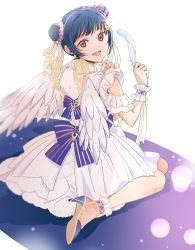 Rule 34 | 1girl, alternate hairstyle, angel of eden (love live!), angel wings, ankle cuffs, artist name, artist request, back bow, bare legs, bare shoulders, blue bow, blue flower, blue footwear, blue hair, blue wrist cuffs, blush, bow, braid, breasts, collarbone, crown braid, crystal earrings, crystal hair ornament, double bun, dress, earrings, feathers, female focus, flower, frilled dress, frills, from behind, hair bun, hair flower, hair ornament, hair ribbon, high heels, highres, holding, jewelry, looking at viewer, looking back, love live!, love live! school idol festival, love live! school idol festival all stars, love live! sunshine!!, miniskirt, nail, nail polish, parted lips, pink eyes, pink flower, pink nails, pink nails, plaid, plaid dress, plaid skirt, pleated, pleated dress, pleated skirt, purple eyes, ribbon, short hair, short sleeves, sitting, skirt, sleeveless, sleeveless dress, smile, solo, strapless, strapless dress, striped, striped bow, tsushima yoshiko, white detached collar, white dress, white feathers, white flower, white ribbon, white skirt, white wings, white wrist cuffs, wings, wrist cuffs