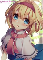 Rule 34 | 1girl, alice margatroid, blonde hair, blue eyes, blush, capelet, cropped, dress, gradient background, hairband, masaru.jp, necktie, open mouth, ribbon, short hair, solo, touhou, twitter username, upper body